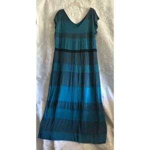 Mossimo Teal & Black Striped Maxi Dress V-Neck Short Sleeve Comfy Casual Size L